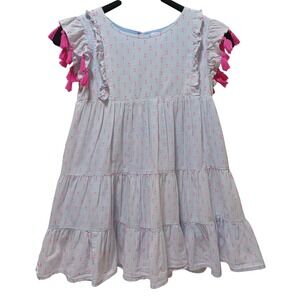 Mer St Barth Girls Cotton Tiered Pink Tassel Dress 6 Blue Resort Vacation Summer